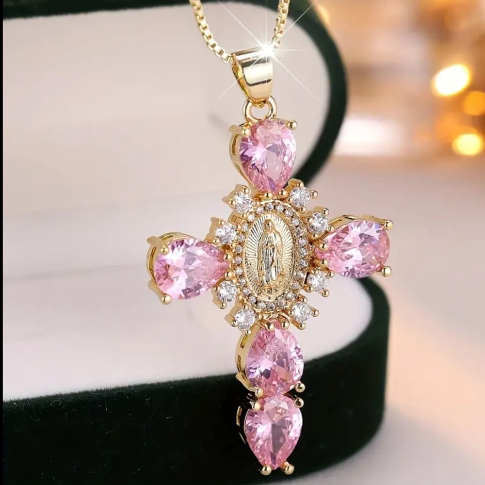 18K Golden-Plated Stainless Steel Virgin Mary Necklace with Cubic Zirconia. NWOT